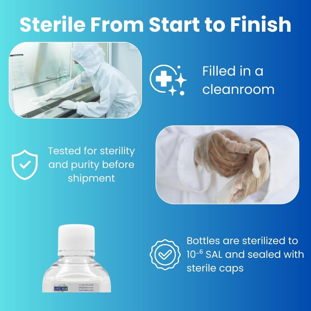 Clear ultra-filtered UFC Bio saline appears pristine and sterile for sensitive workflows.