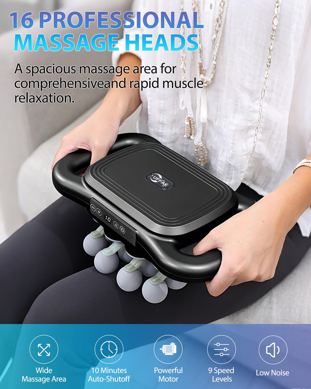 UFFAE 16-head massage gun back-use demonstrates back muscle relief sessions.