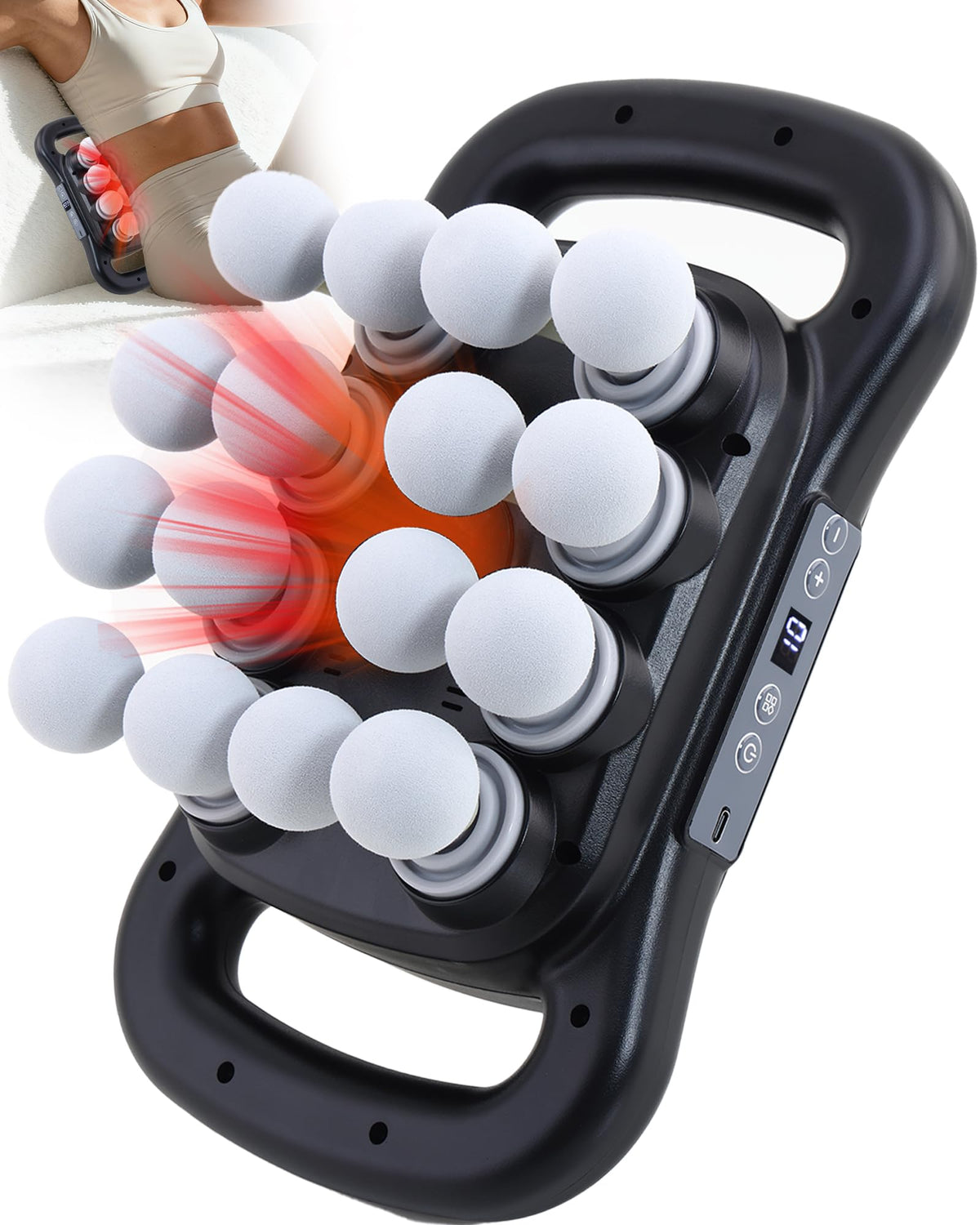 UFFAE 16-head massage gun front view shows ergonomic design for deep tissue use.