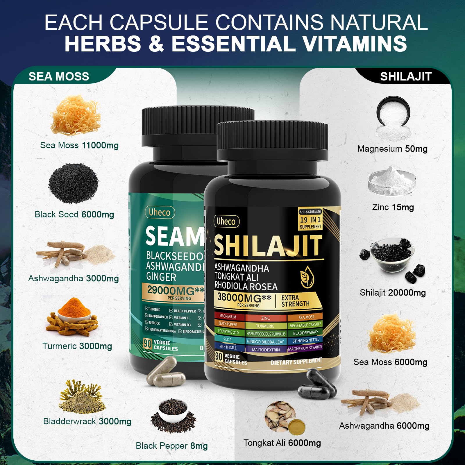 Uheco Ashwagandha-Tongkat Ali blend bottle hints at adaptogenic energy and calm focus