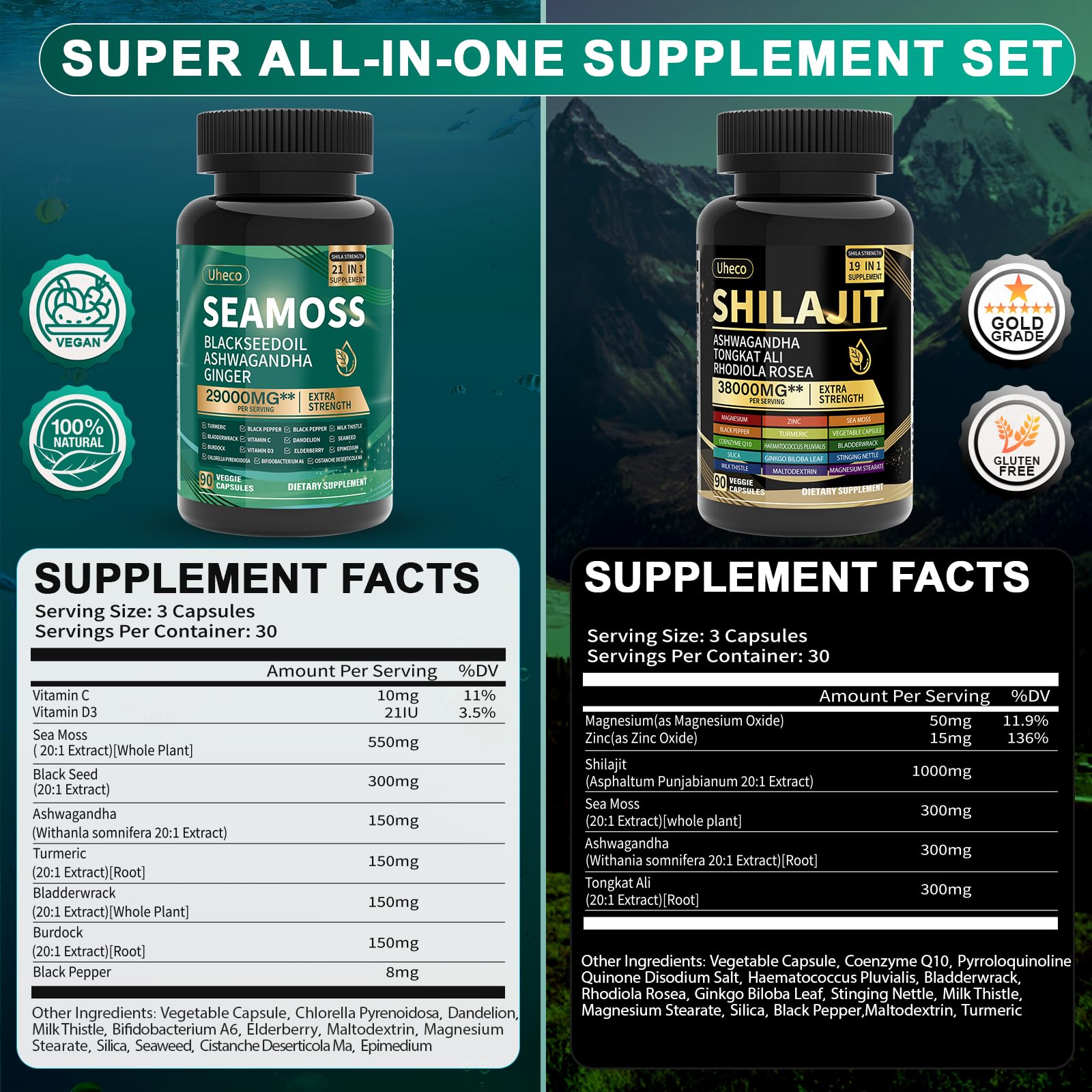 Uheco Shilajit capsules closeup bottle highlighting mineral blend for daily energy support