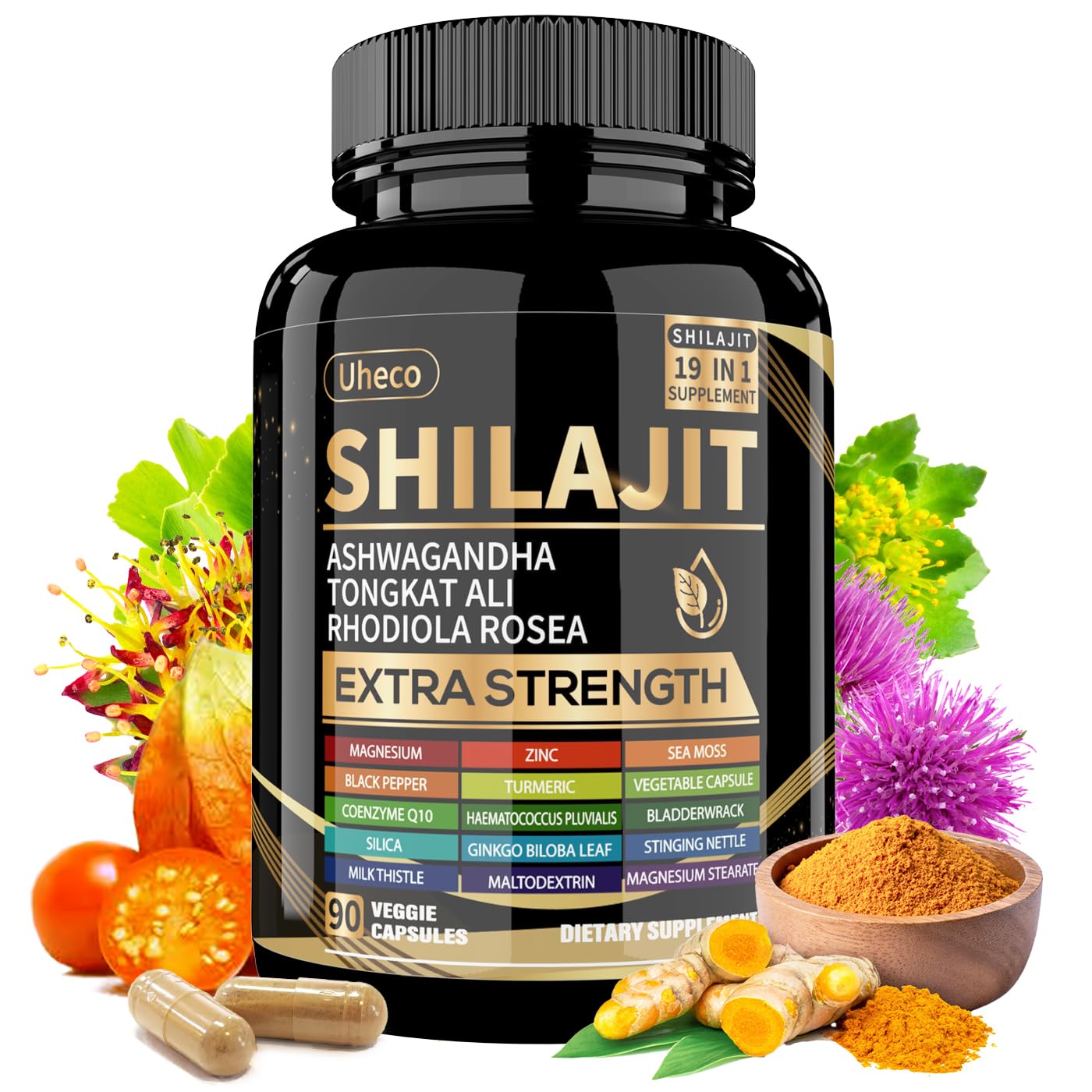 Uheco Shilajit bottle with sea moss and ashwagandha for daily vitality.