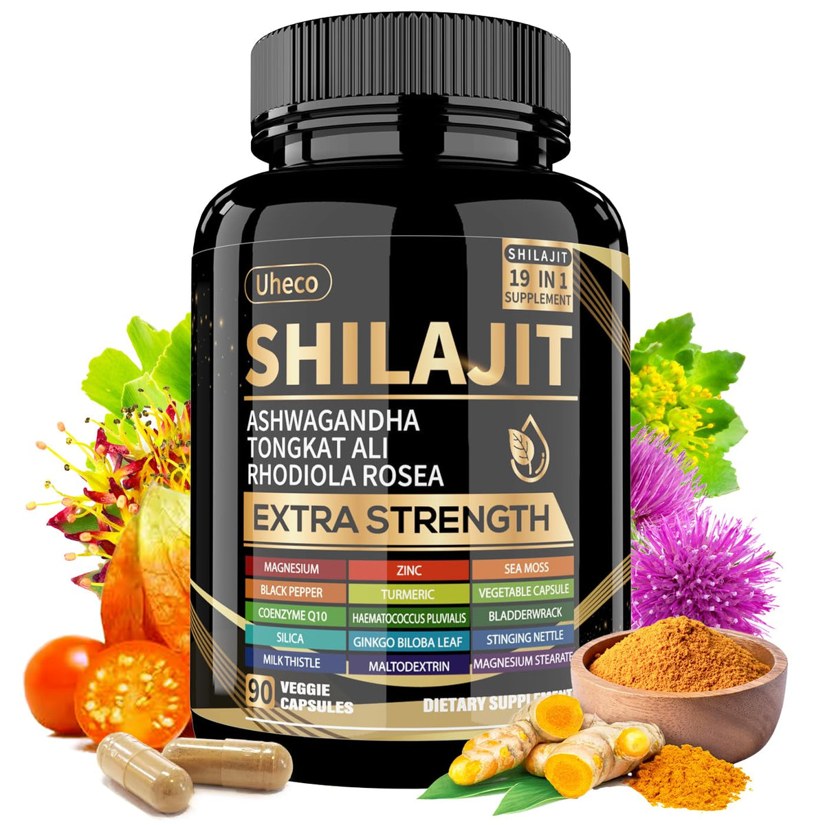 Uheco Shilajit bottle with sea moss and ashwagandha for daily vitality.