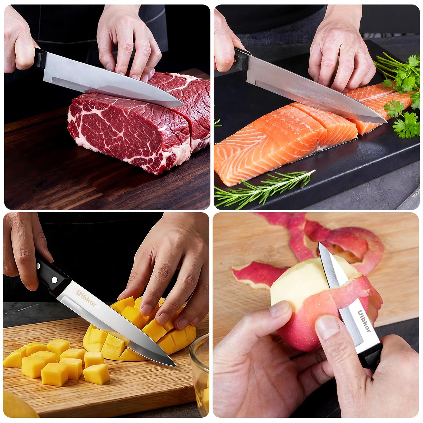 Uibkor kitchen task demonstration highlighting multi-knife versatility in prep.