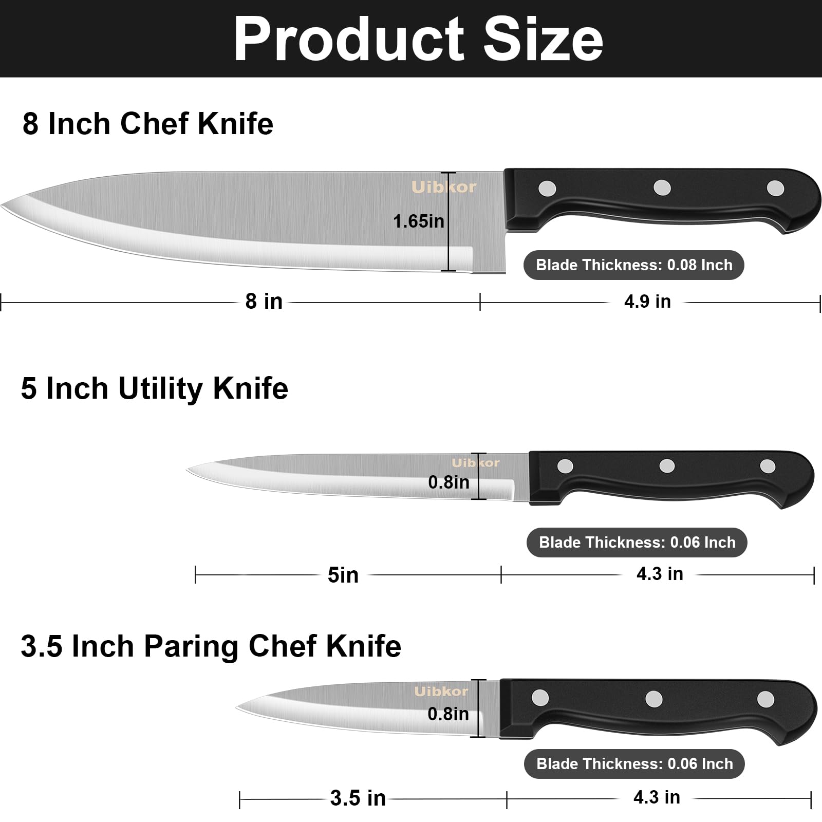 Uibkor knife set with three protective sheaths, ready for storage or transport.