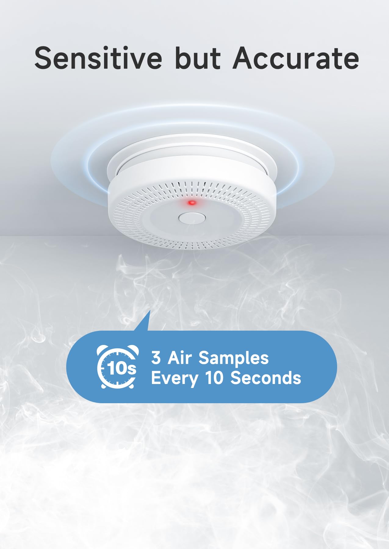 Uingarm smoke alarm with LED indicator visible in living room for immediate status