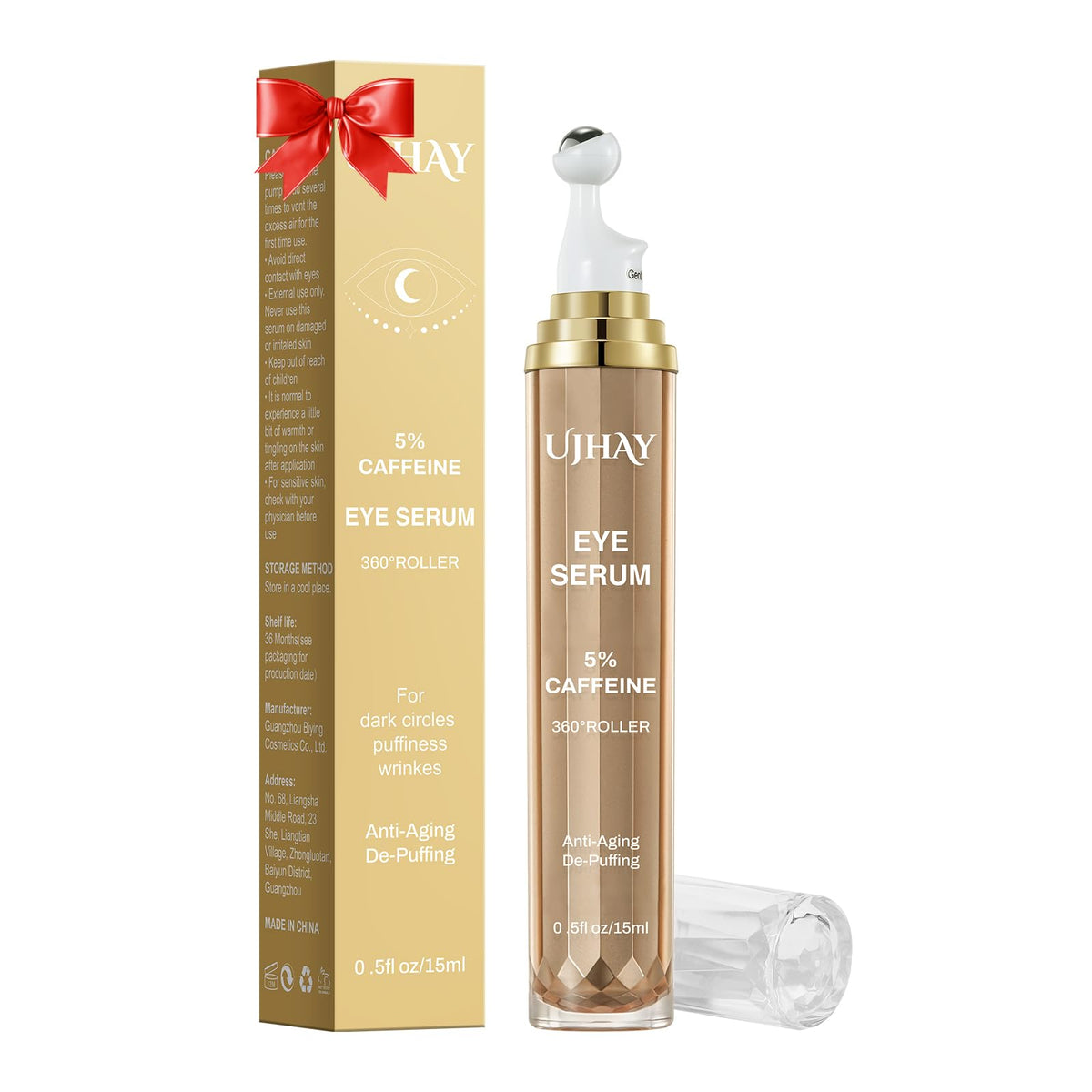 UJHAY 5% caffeine eye cream bottle with a cooling application