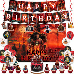 UKMPFGJ Stranger Season 5 party kit backdrop and banner for a cohesive, photo-ready celebration