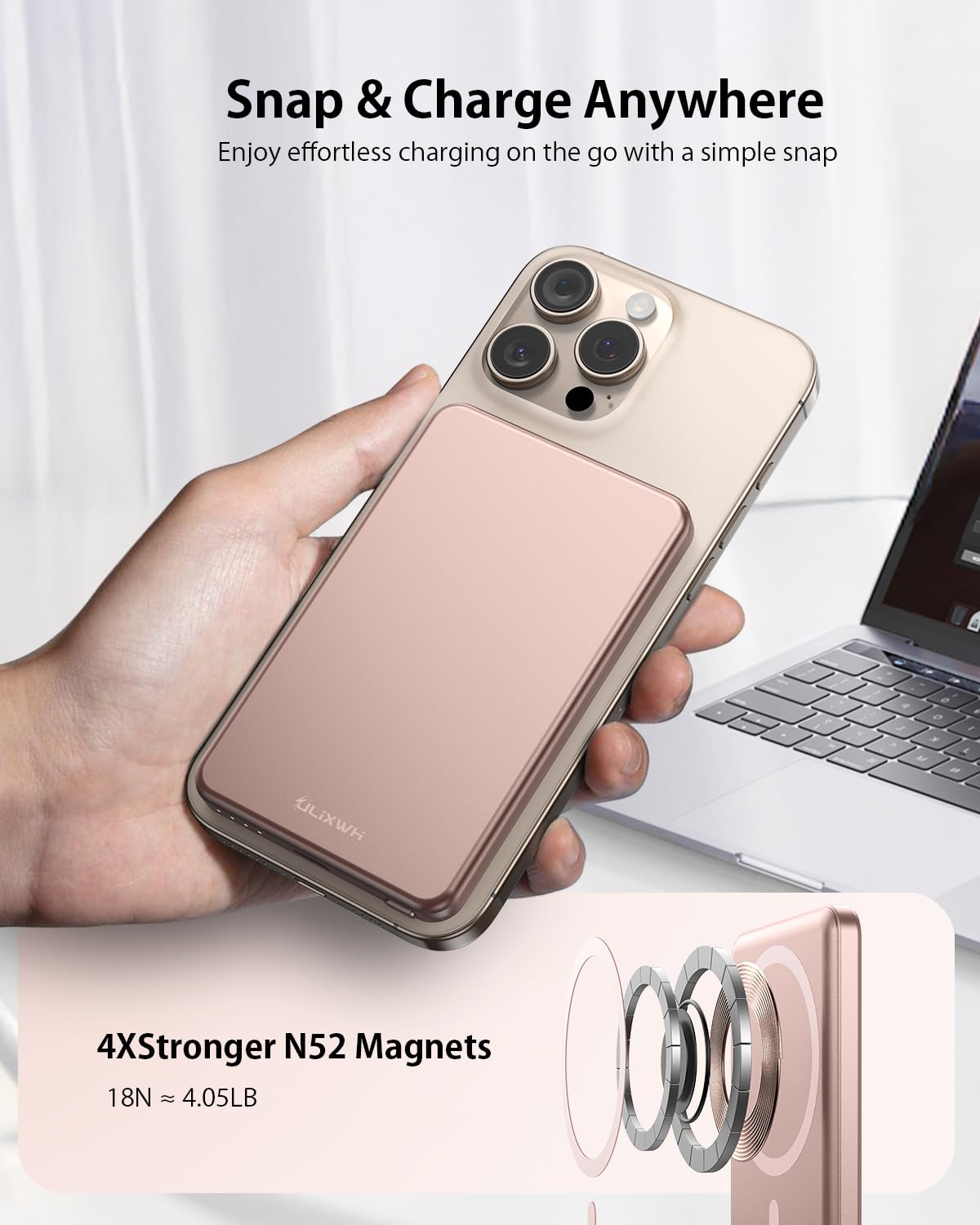 ULiXWH pocket-size portable power bank in hand suggests travel-friendly.