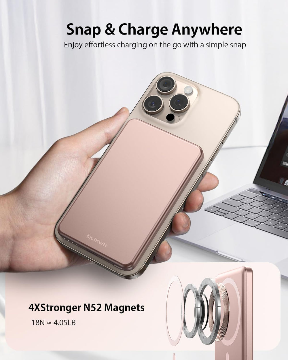 ULiXWH pocket-size portable power bank in hand suggests travel-friendly.