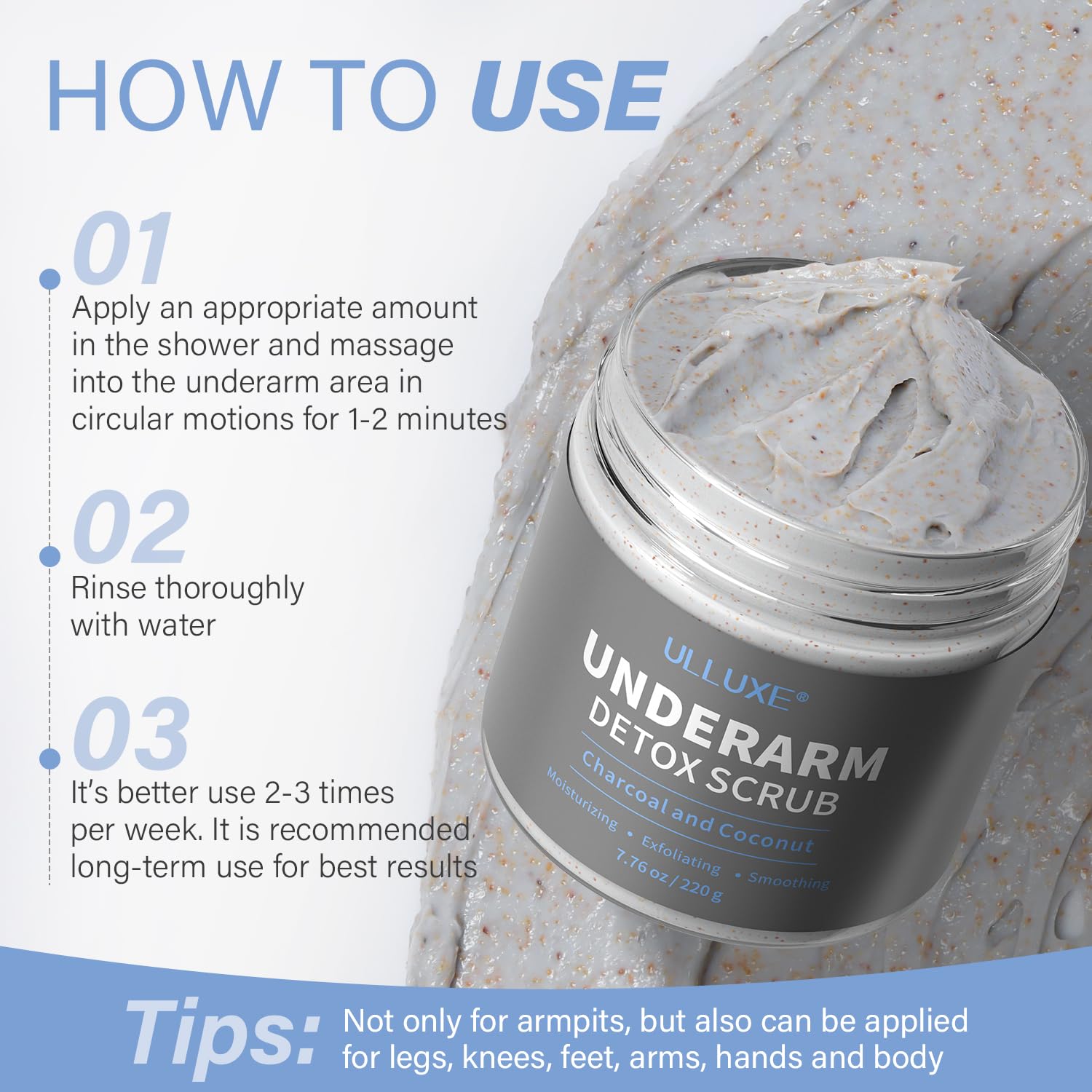 ulluxe charcoal underarm detox scrub usable on arms legs and sensitive areas