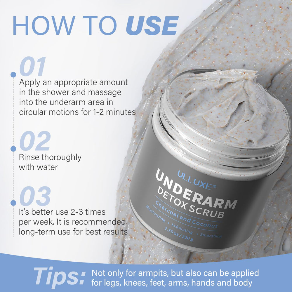 ulluxe charcoal underarm detox scrub usable on arms legs and sensitive areas