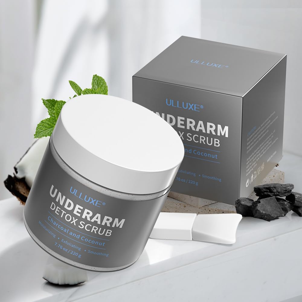 ulluxe charcoal underarm detox scrub packaging highlights natural, cruelty-free formula