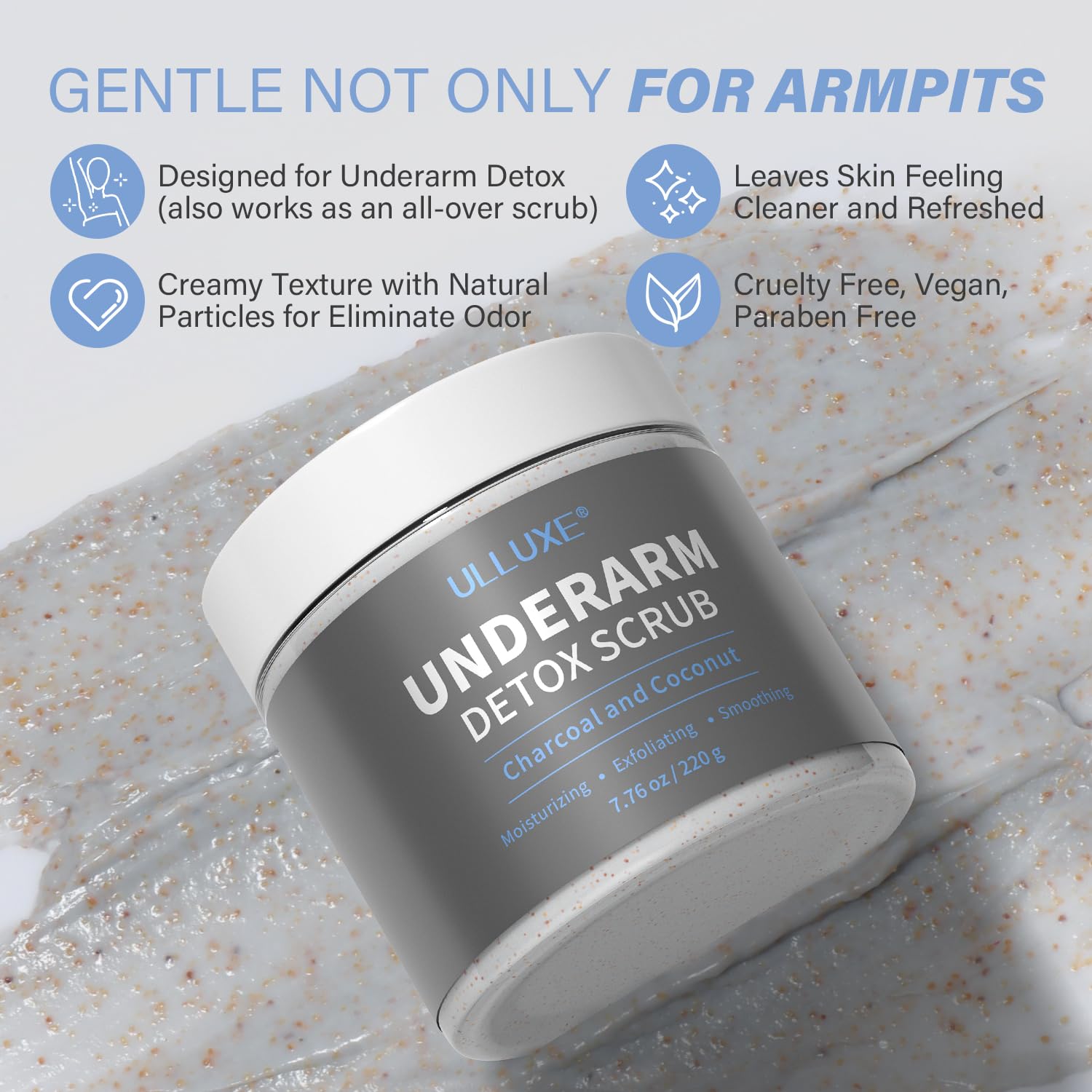 ulluxe charcoal underarm detox scrub texture close-up showing gentle exfoliation