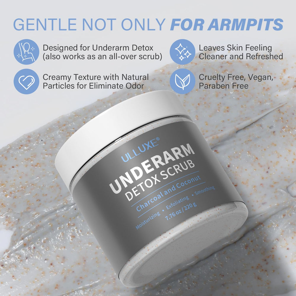 ulluxe charcoal underarm detox scrub texture close-up showing gentle exfoliation