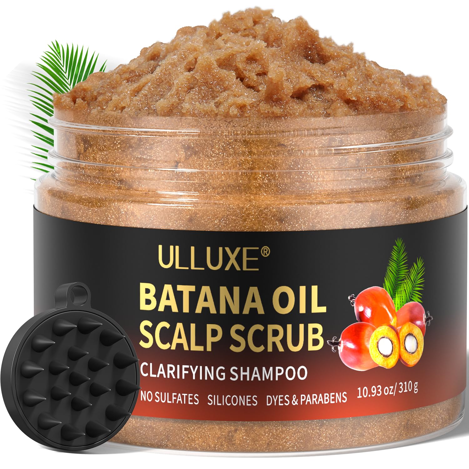 ulluxe scalp scrub with batana oil exfoliates gently to refresh the scalp and nourish hair.