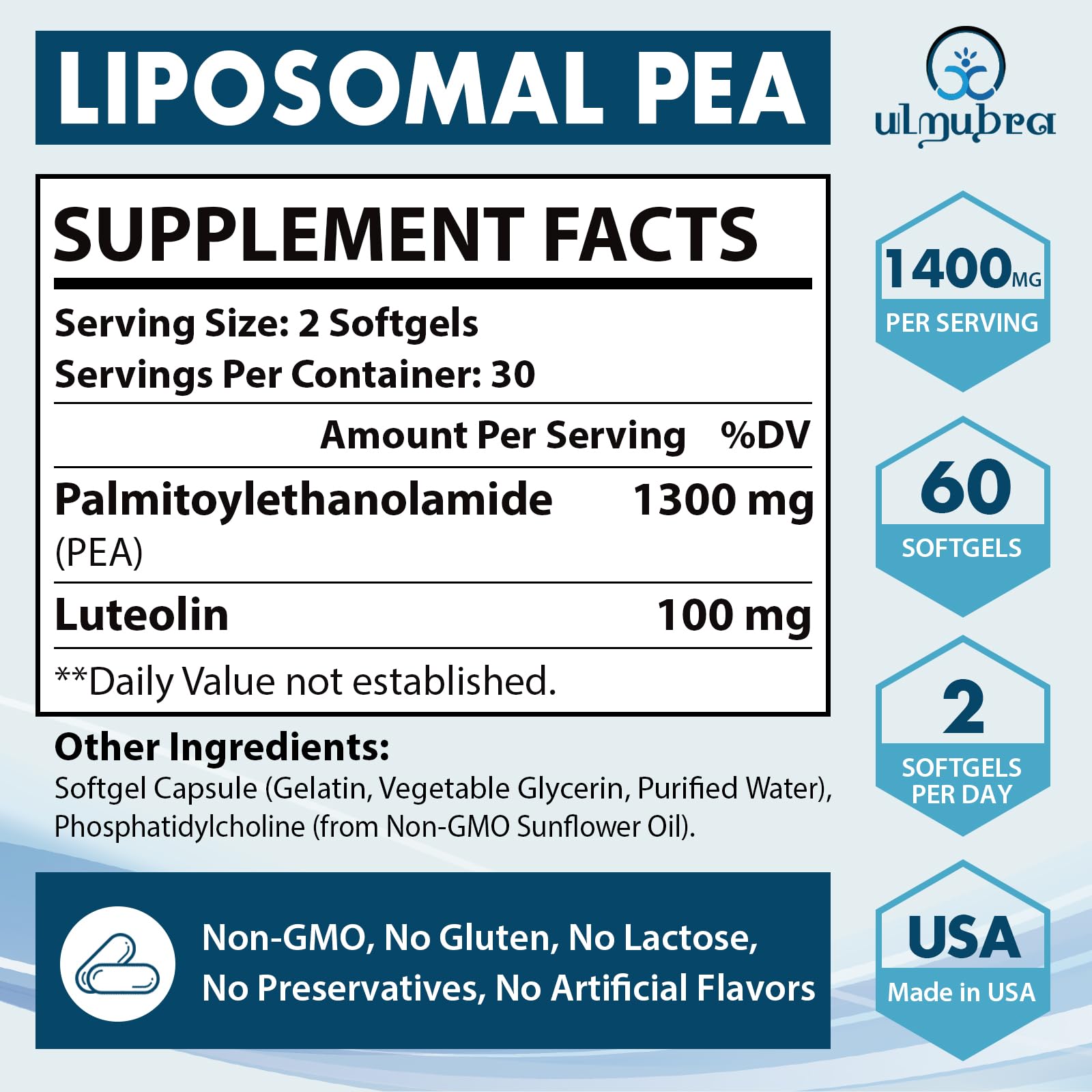 Ulmubra bottle with label showcasing premium liposomal PEA formula.