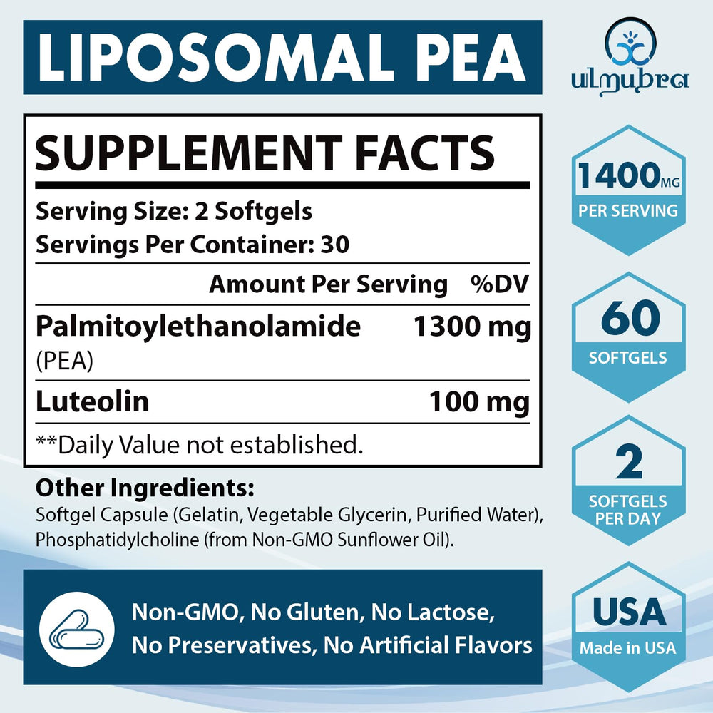 Ulmubra bottle with label showcasing premium liposomal PEA formula.