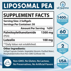 Ulmubra bottle with label showcasing premium liposomal PEA formula.