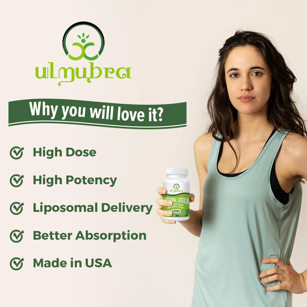 Ulmubra Liposomal Luteolin bottle pour demonstrating fast absorption potential in daily routine