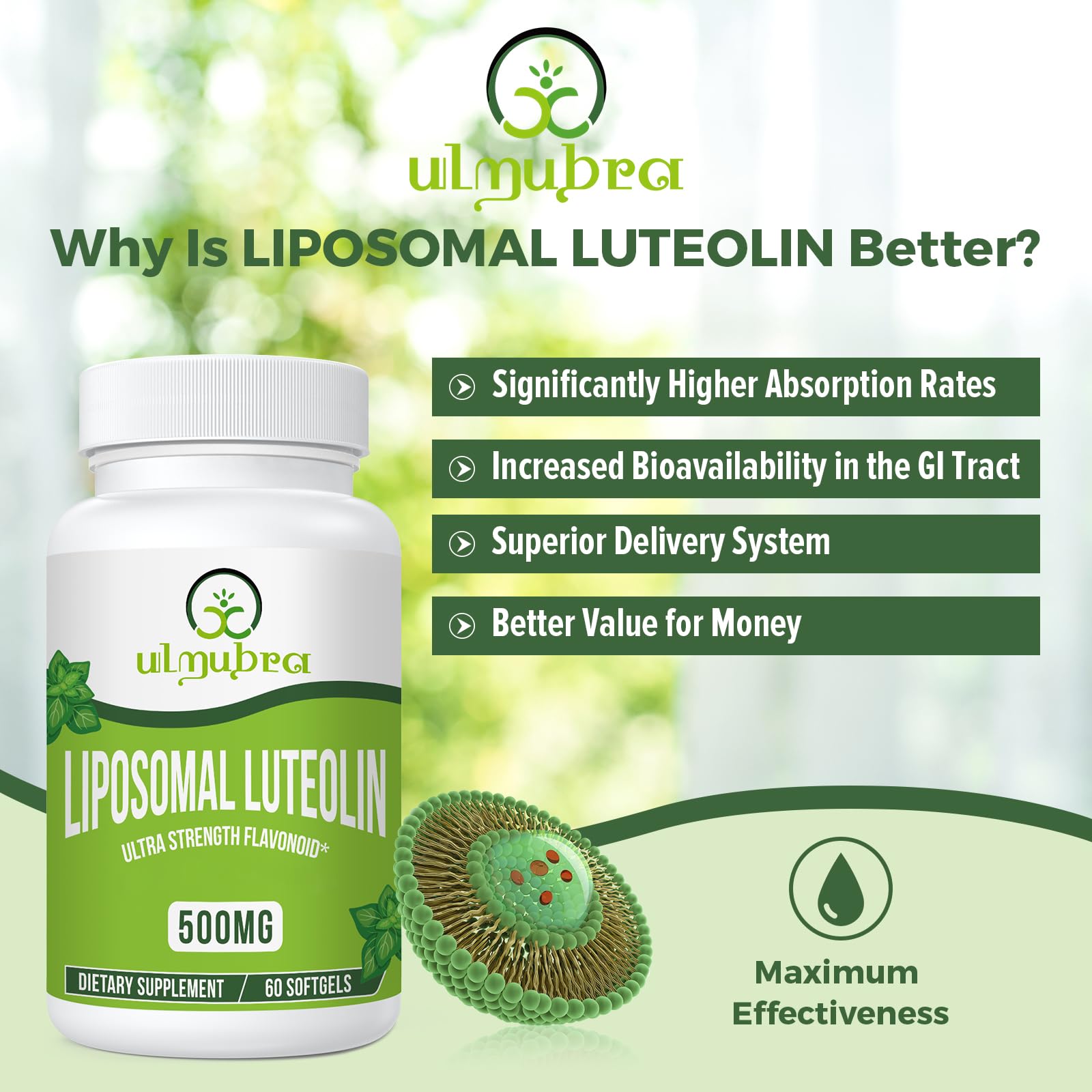 Ulmubra Liposomal Luteolin softgels close-up highlighting convenient daily capsules