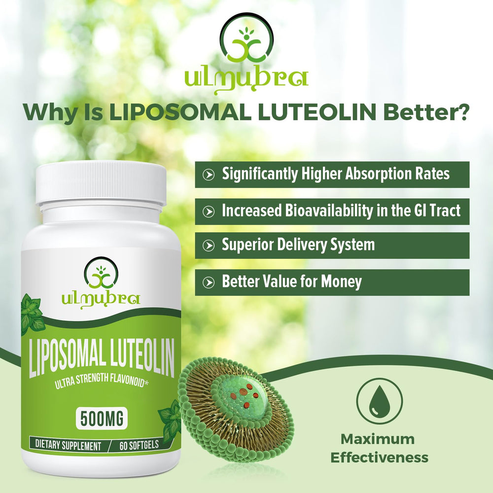 Ulmubra Liposomal Luteolin softgels close-up highlighting convenient daily capsules