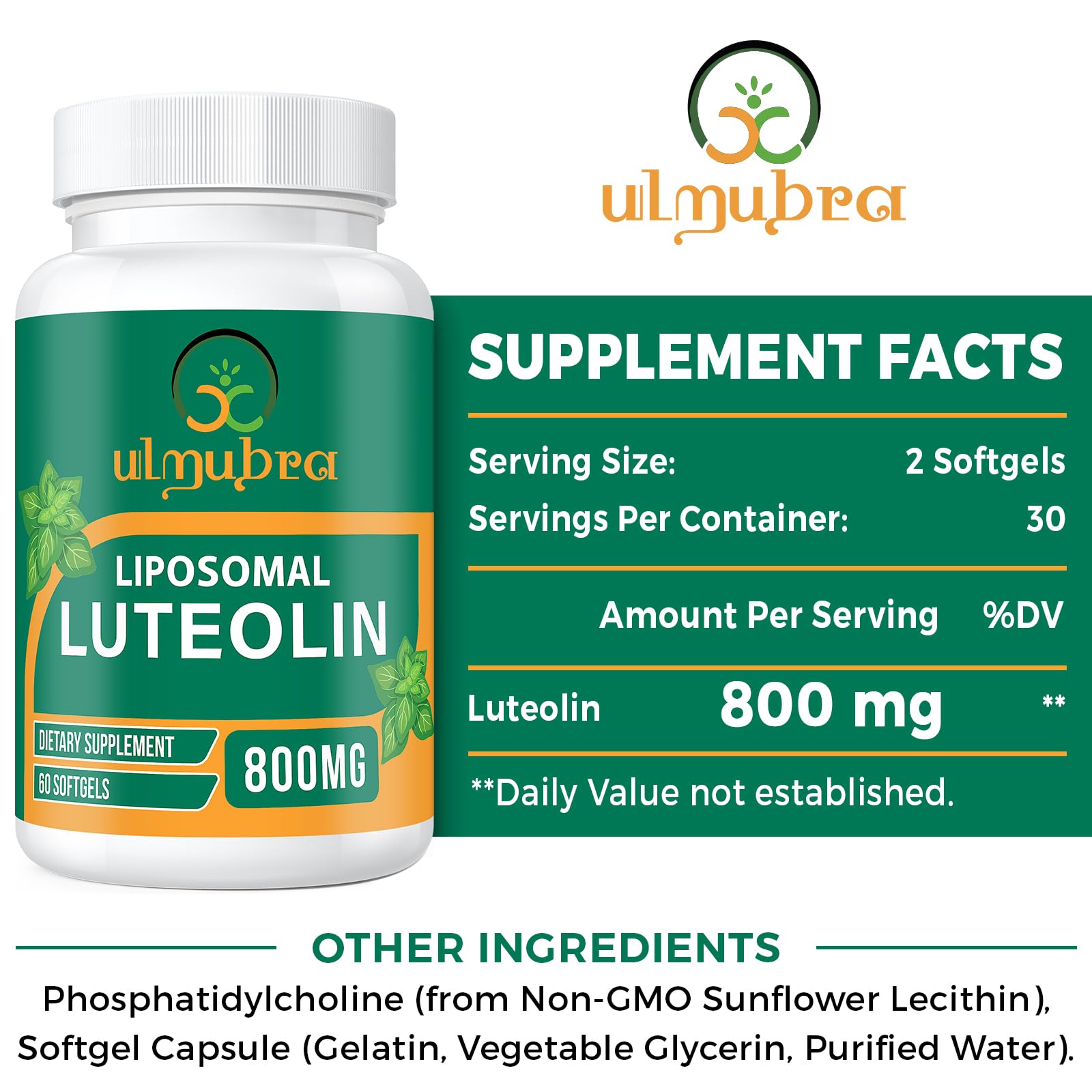 Ulmubra label showcases non-GMO, soy-free, gluten-free, dairy-free attributes.
