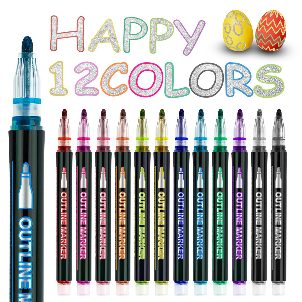 Ulrhpc 12-color shimmer outline pens for teens creating dual-color outlines.