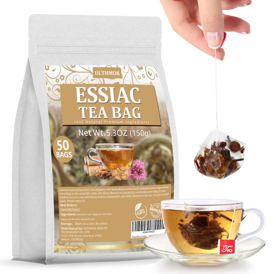 ULTHMOK Premium Essiac tea bags in pyramid sachets for easy brewing.
