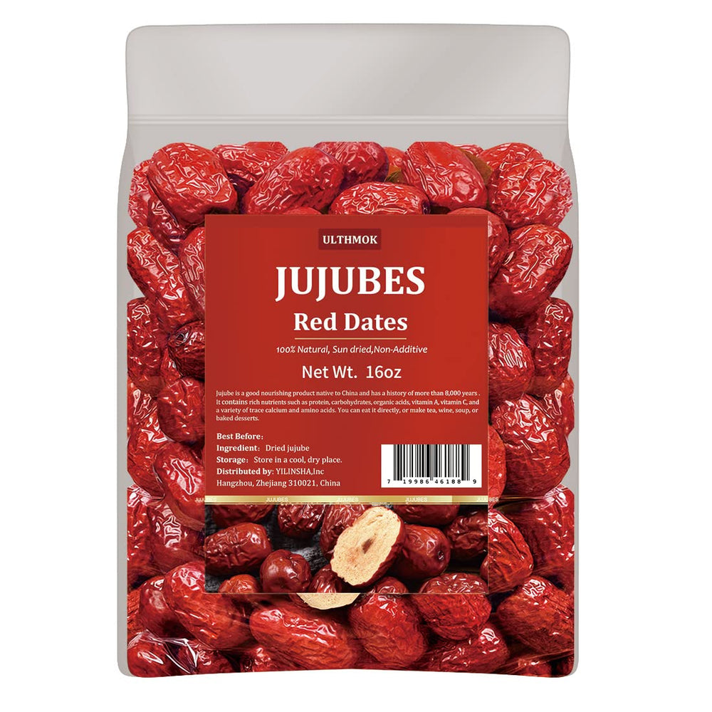 ULTHMOK premium jujube red dates in a 1lb bag, perfect for snacking.
