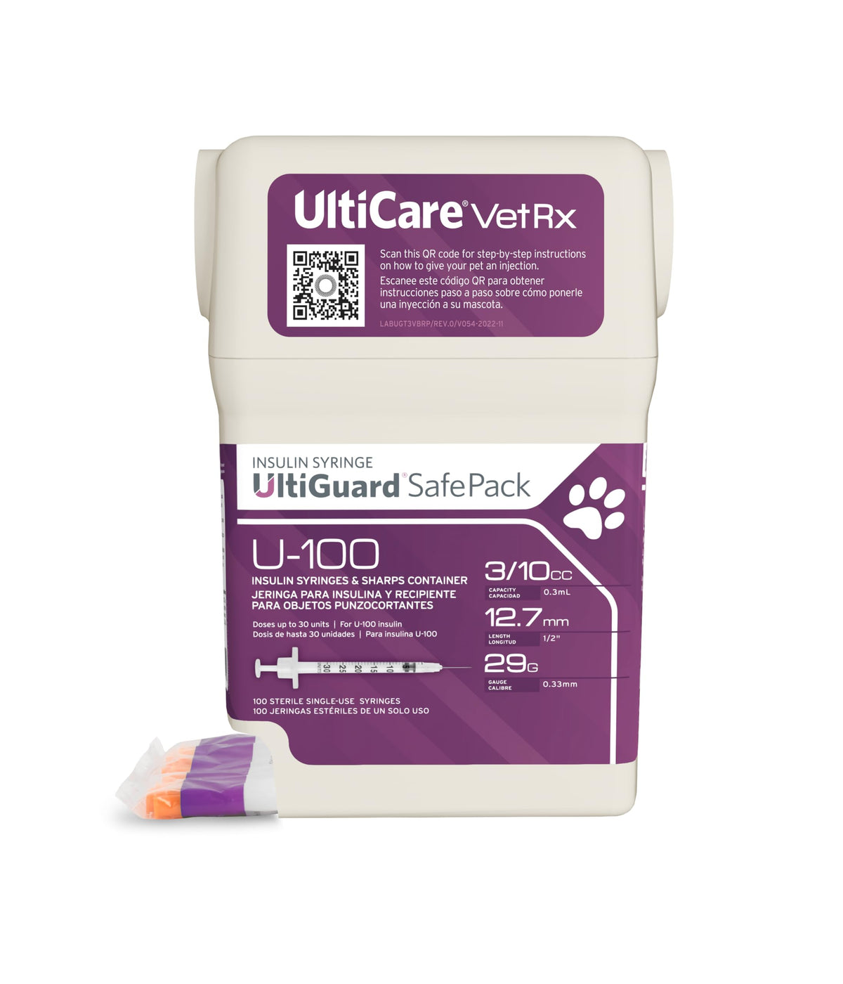 The UltiCare VetRx U-100 syringes pack features clear dosing marks for at-home administration.