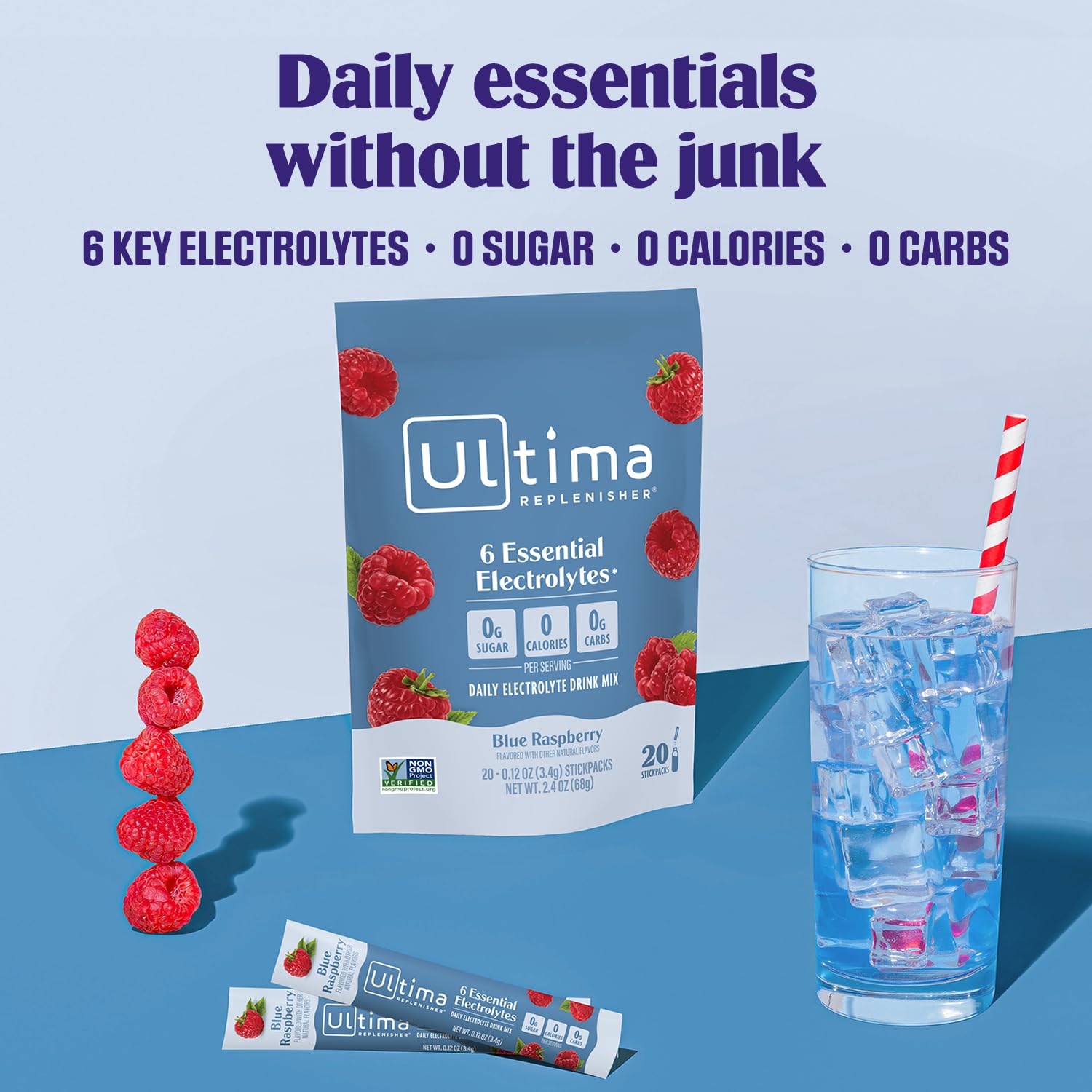 Ultima Replenisher blue raspberry stickpack poured into water to hydrate.
