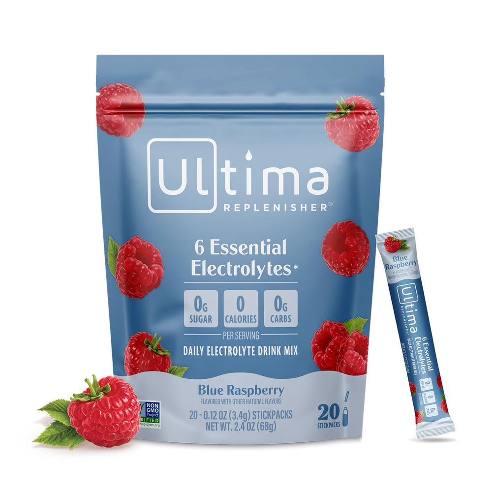 Ultima Replenisher blue raspberry stickpack for daily hydration.