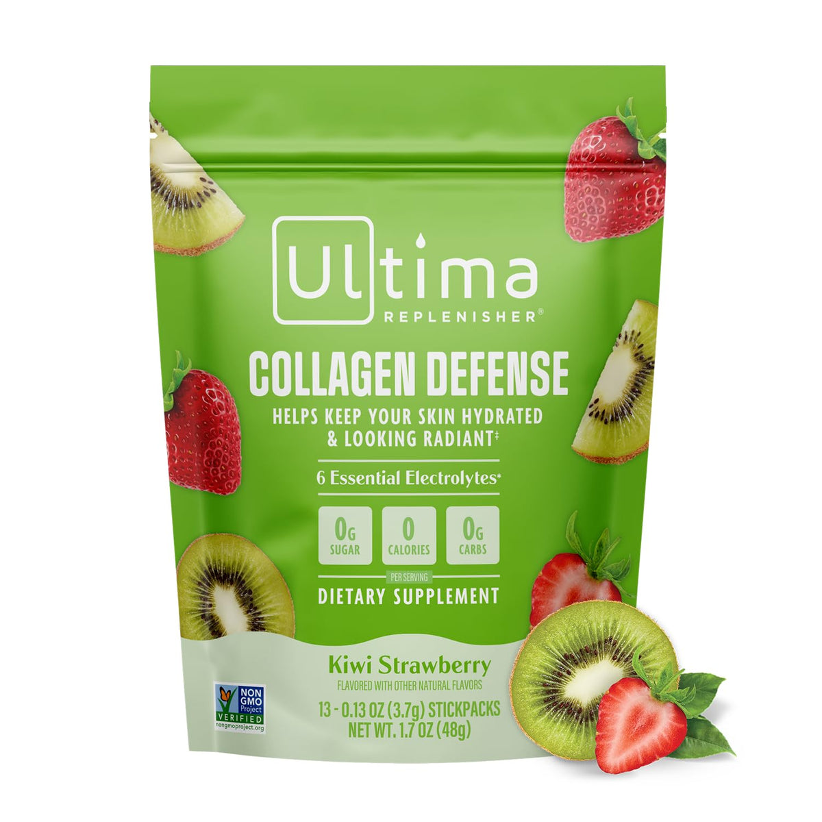 Ultima Replenisher Collagen Defense packaging front with kiwi strawberry flavor and electrolytes.