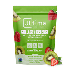 Ultima Replenisher Collagen Defense packaging front with kiwi strawberry flavor and electrolytes.