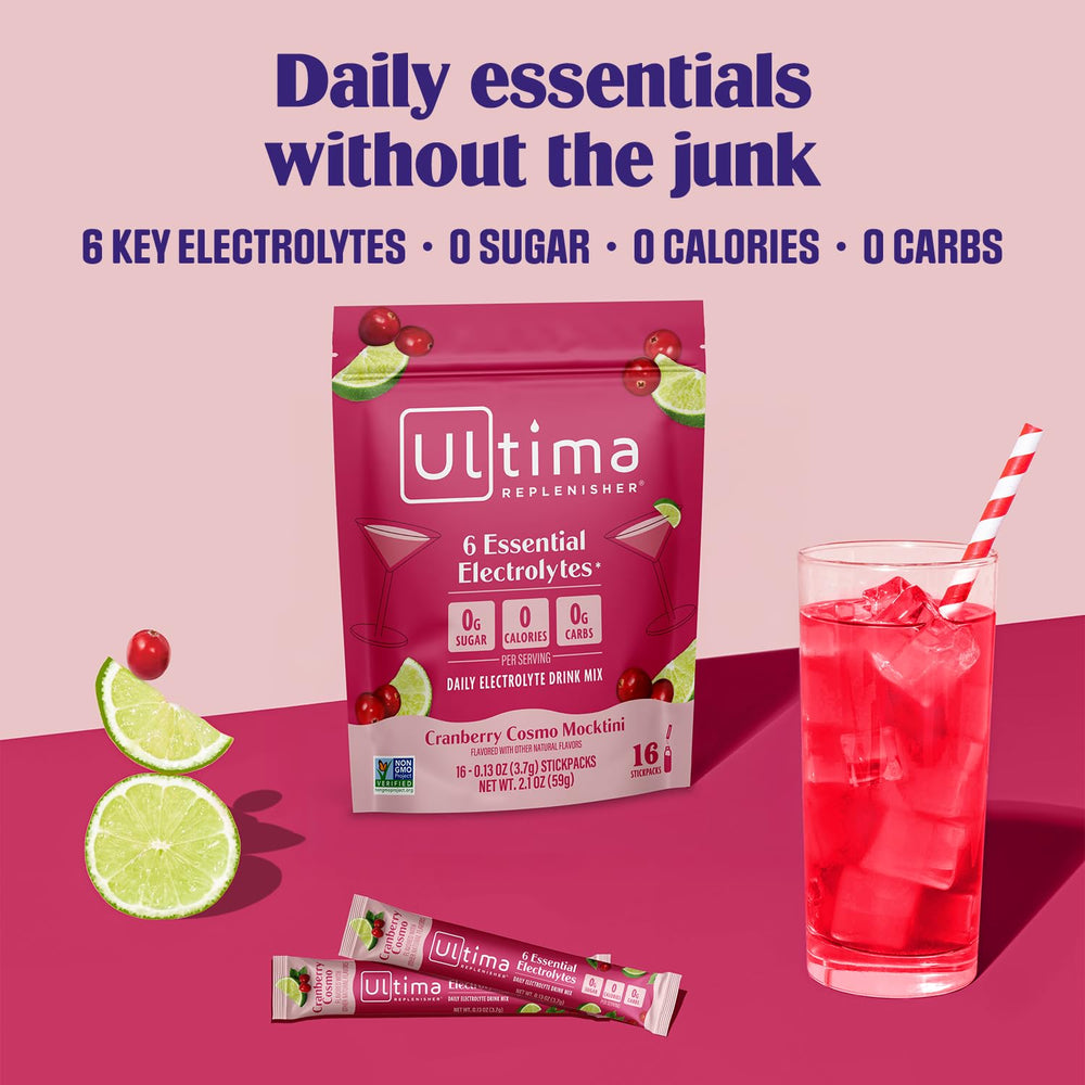 Ultima Replenisher Cranberry Cosmo ready-to-drink glass with ice showing refreshing flavor
