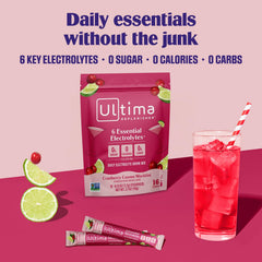 Ultima Replenisher Cranberry Cosmo ready-to-drink glass with ice showing refreshing flavor