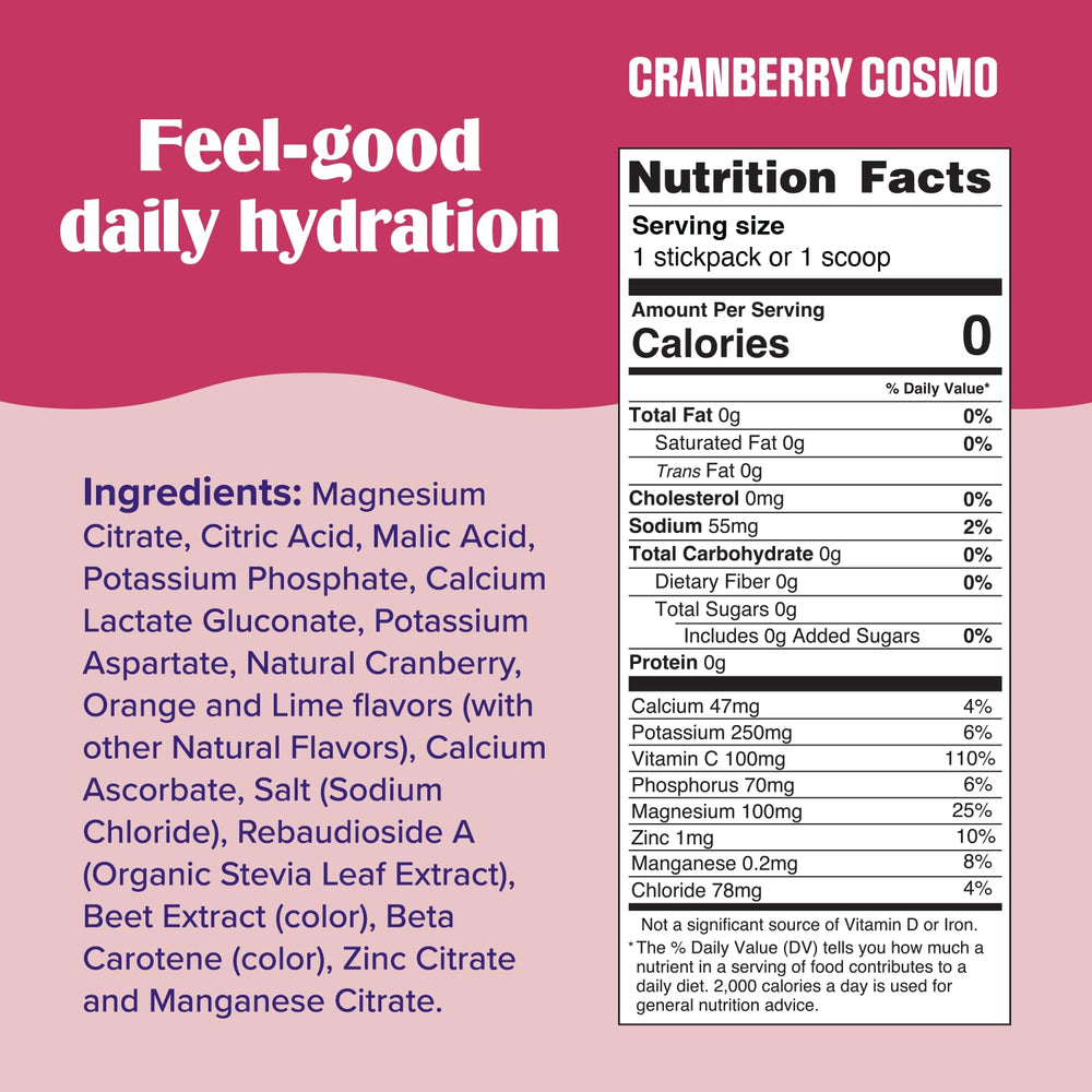 Glass with Ultima Replenisher Cranberry Cosmo ready for hydration.