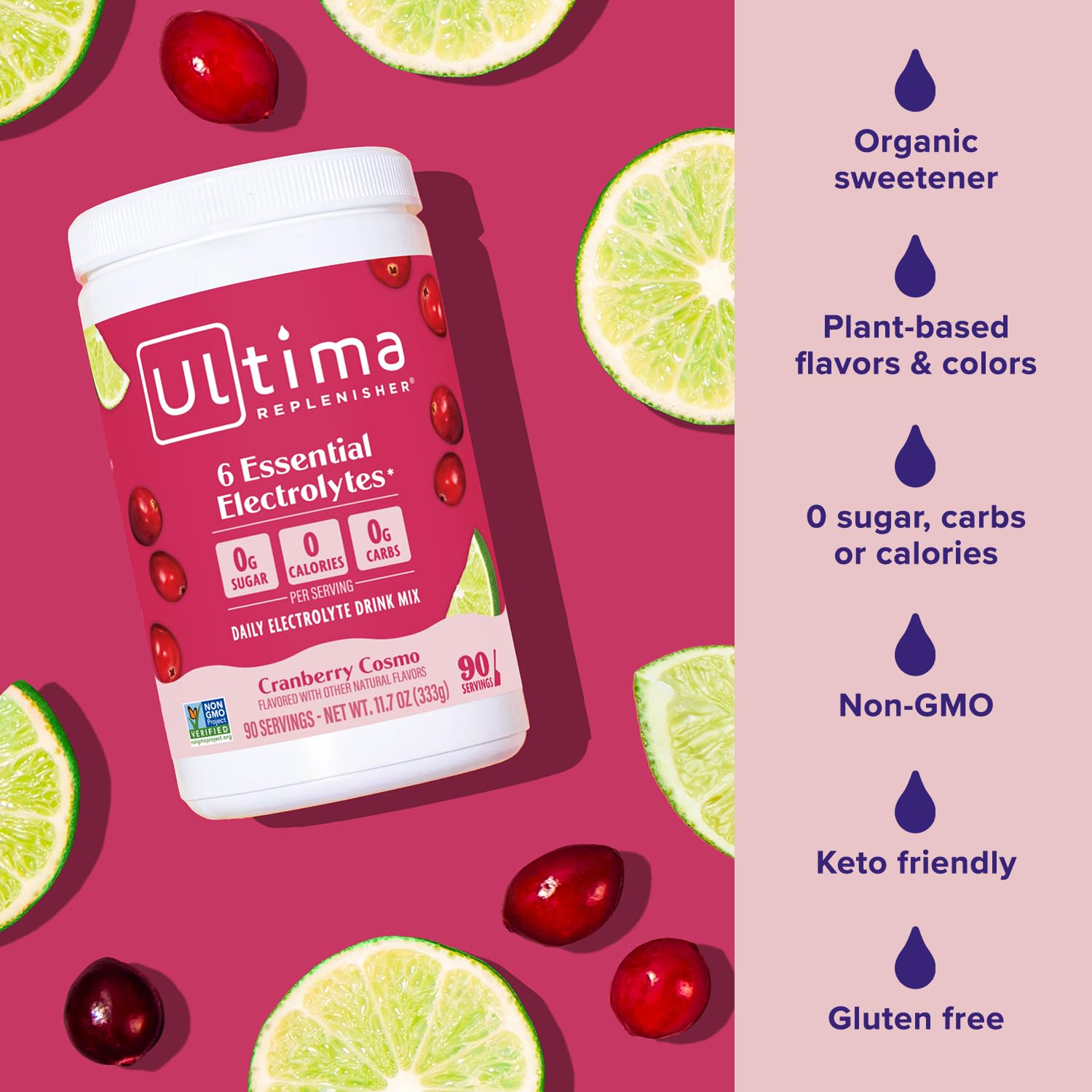 Mocktail-ready Cranberry Cosmo with Ultima Replenisher for flavor.