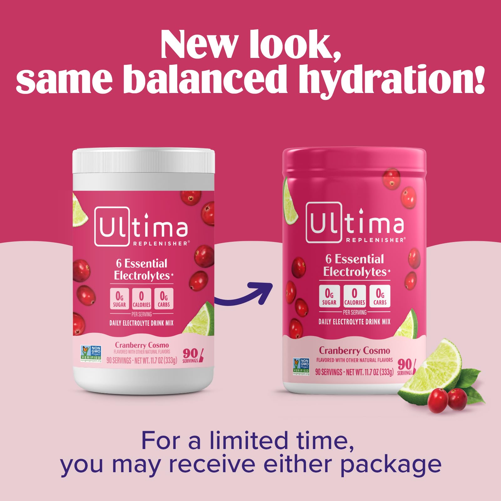 Pour Ultima Replenisher Cranberry Cosmo into water for refreshment.