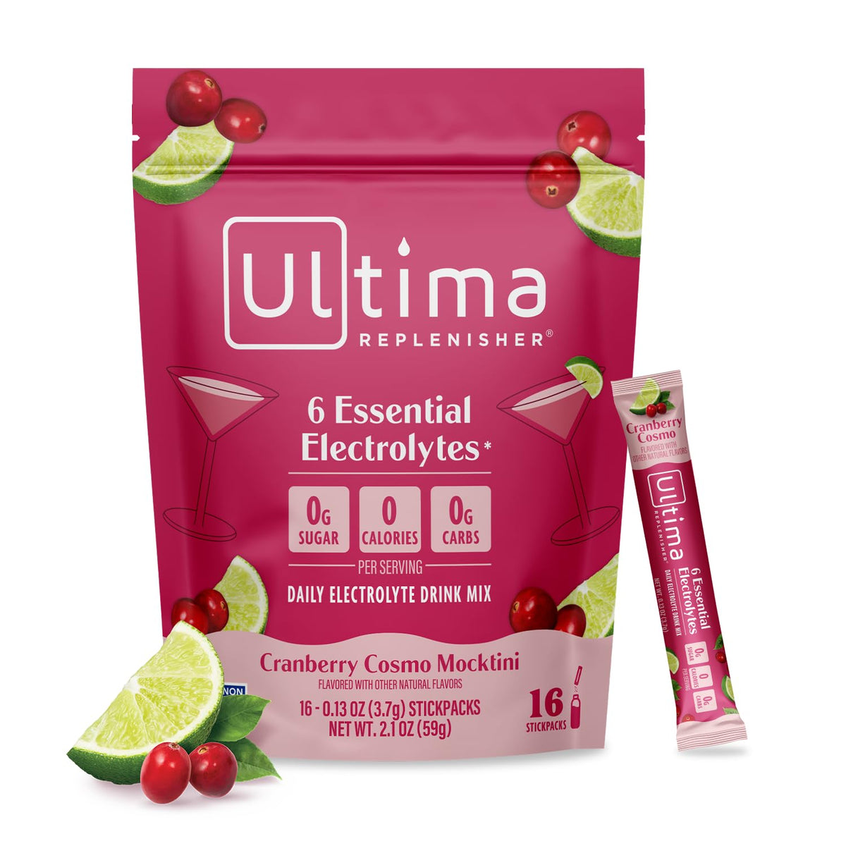 Ultima Replenisher Cranberry Cosmo stickpack for on-the-go hydration without sugar