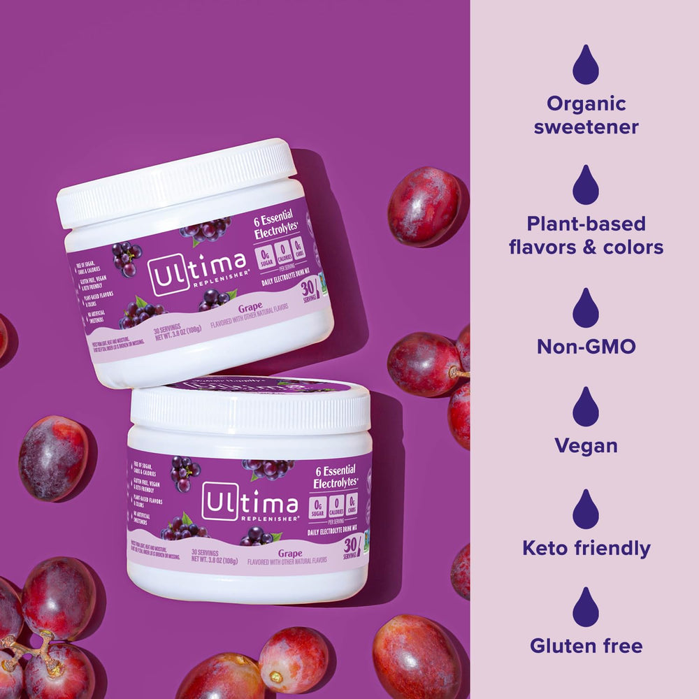 Ultima Replenisher grape bottle with label communicates vegan and gluten-free features