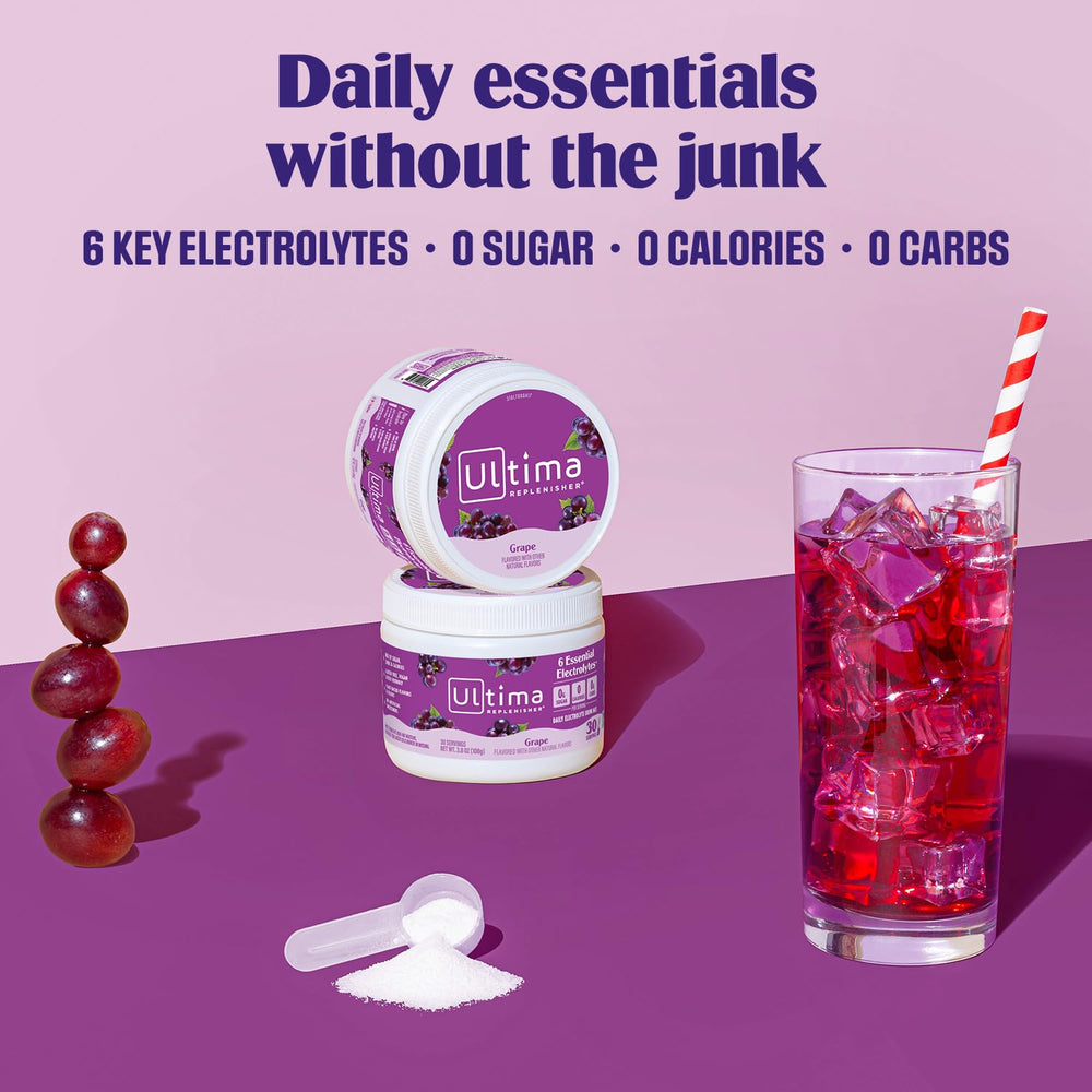 Ultima Replenisher grape powder in water glass reveals refreshing flavor
