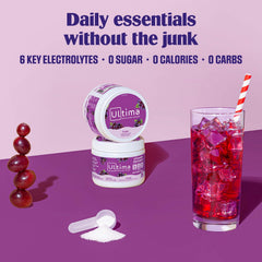 Ultima Replenisher grape powder in water glass reveals refreshing flavor
