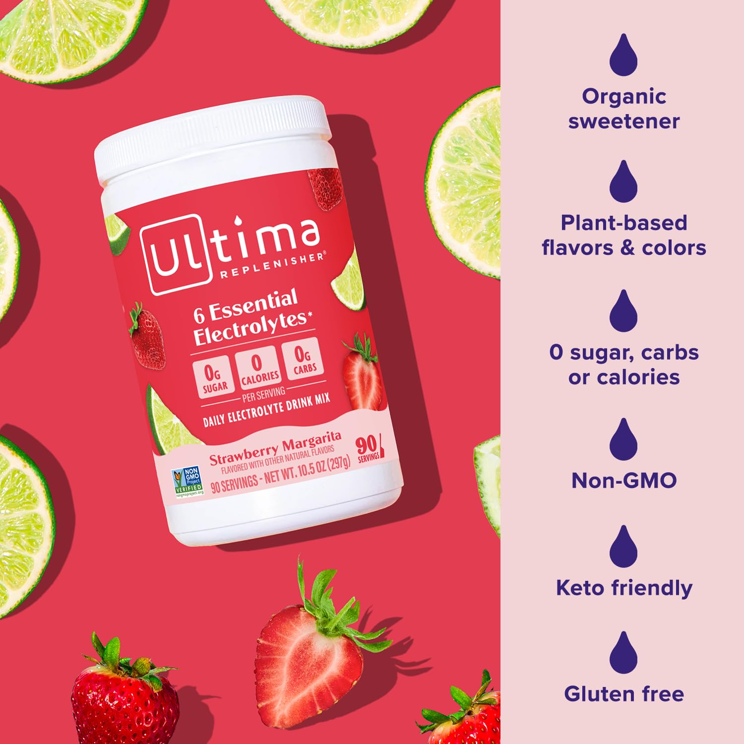 Label close up highlighting 6 electrolytes and vitamin C on Ultima Replenisher
