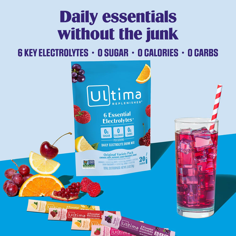Ultima Replenisher variety pack back label shows flavors and sugar-free formula.