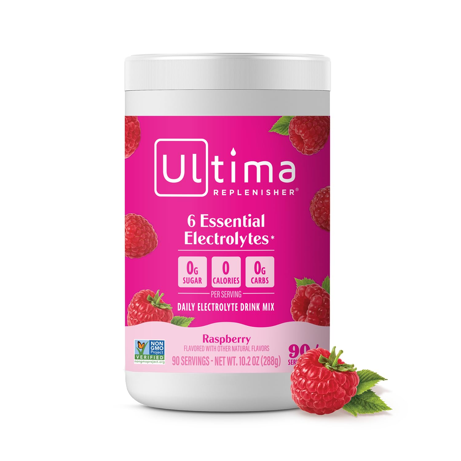 Ultima Replenisher raspberry electrolyte powder in a jar for daily hydration