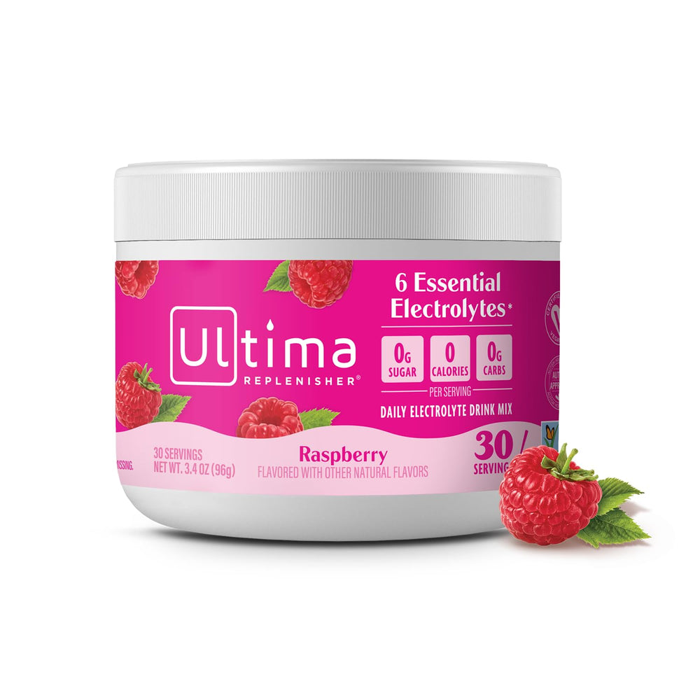 Ultima Replenisher Raspberry powder in a tub for sugar-free daily hydration