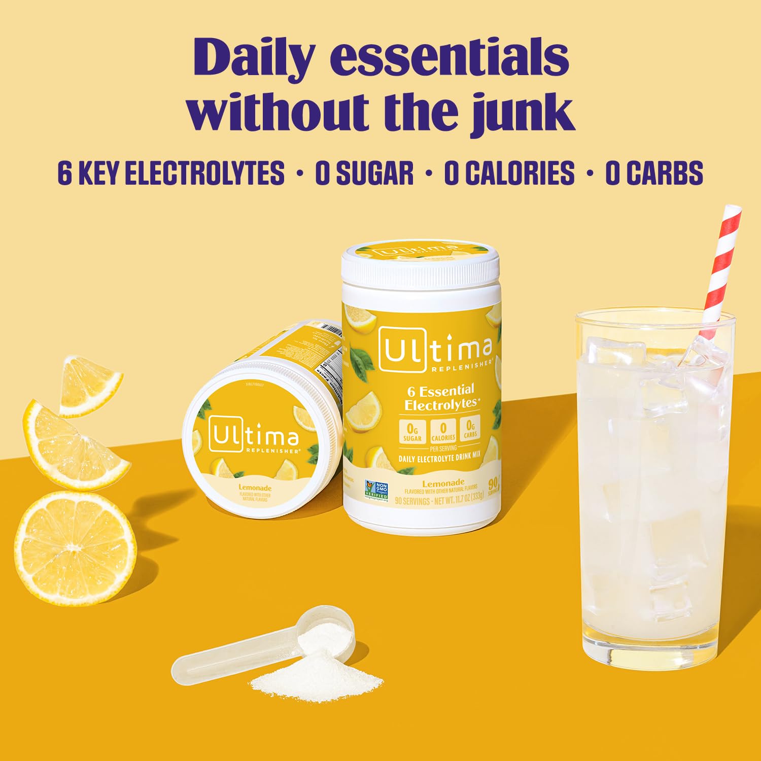 Ultima Replenisher daily electrolyte powder scoop in glass of water for hydration.