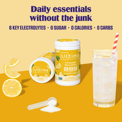 Ultima Replenisher daily electrolyte powder scoop in glass of water for hydration.